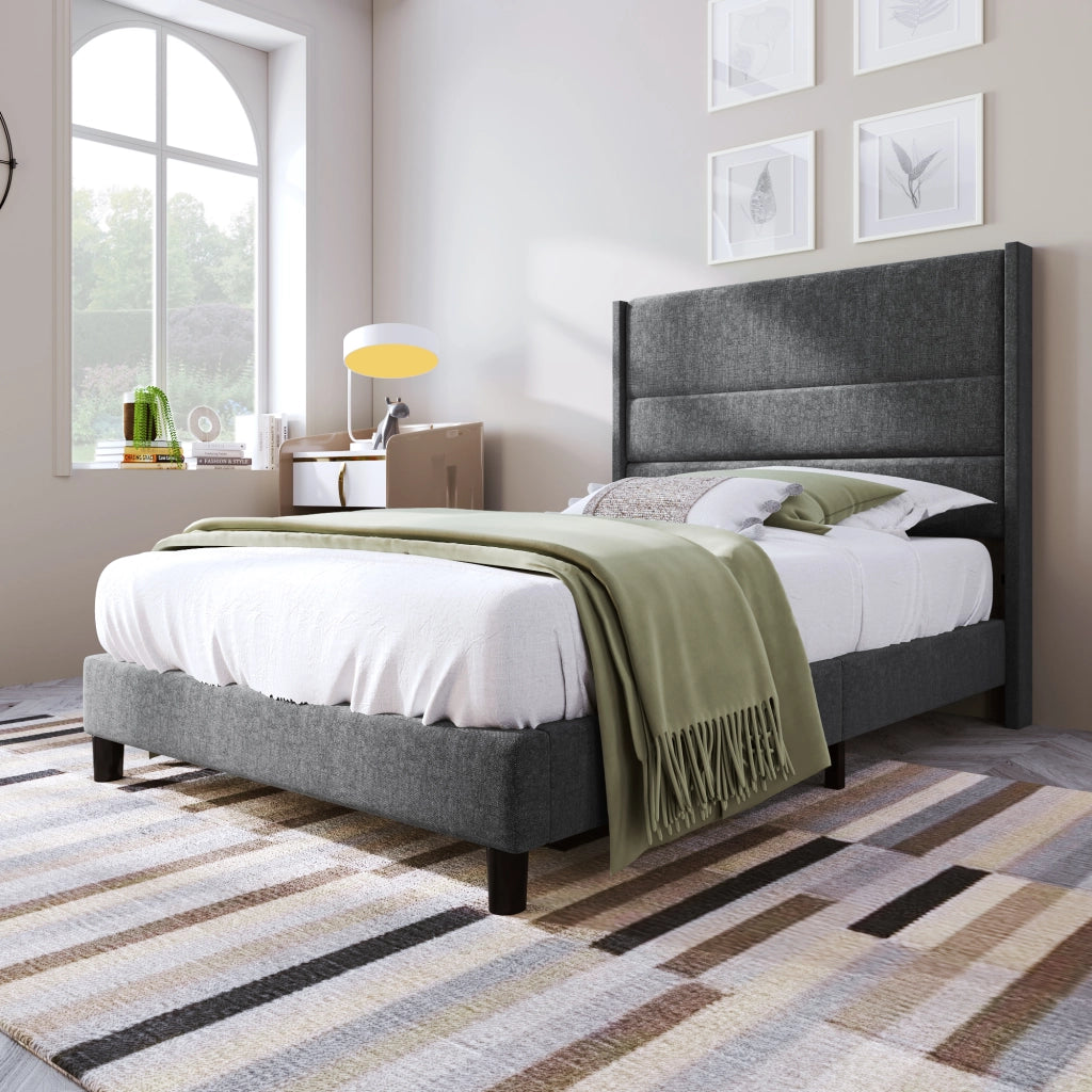 Letto singolo imbottito 90x200 cm con struttura in lino grigio con testiera design moderno versatile per ambienti giovanili
