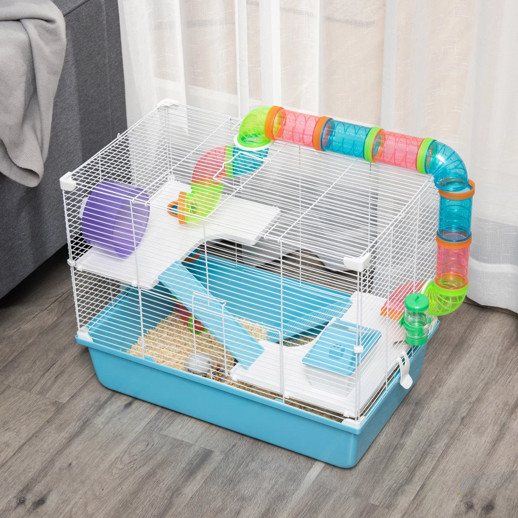 Casetta per Criceti a 3 Livelli con Tubi e Ruota ¨C Minimal ¨C 59x36x47 cm