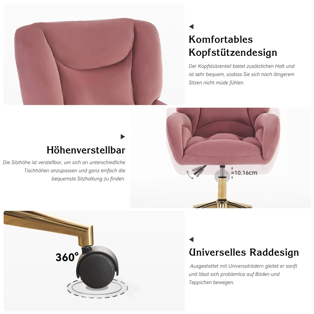 Sedia da ufficio girevole - con altezza regolabile e ruote - in velluto - rosa