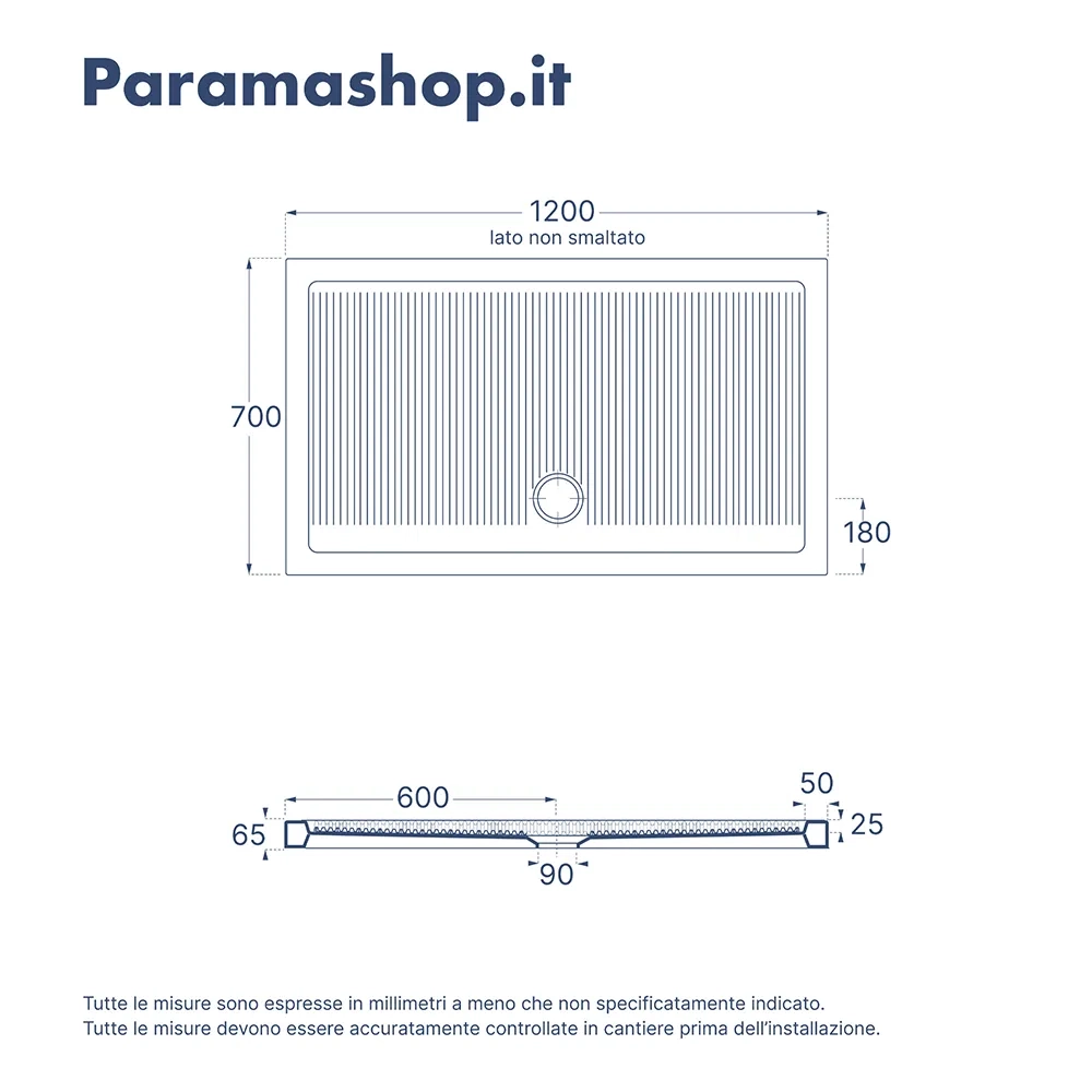 Azzurra ceramica piatto doccia 70x120xh6,5cm bianco lucido design anti-scivolo | Ferdy