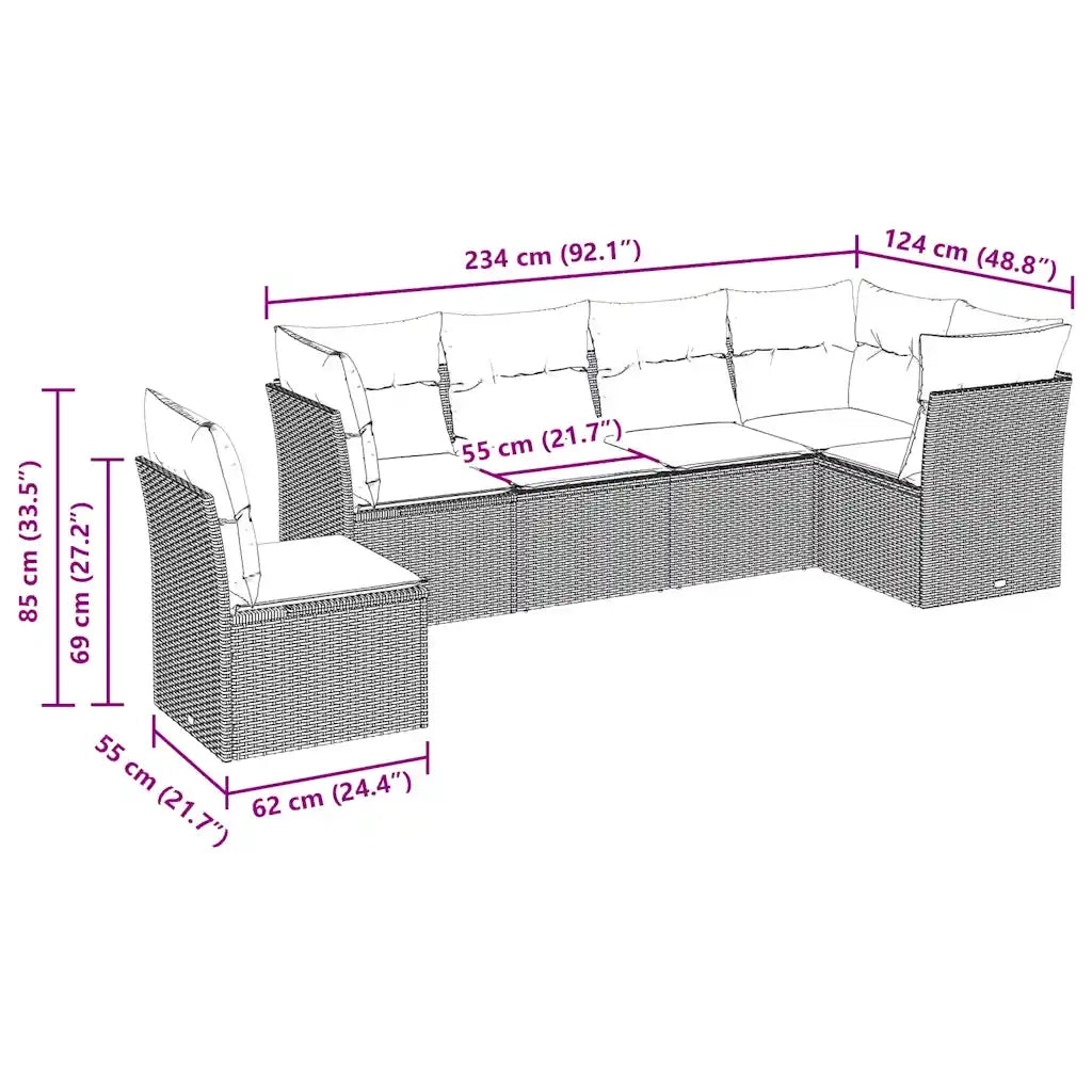 Set Divano da Giardino 6 pz con Cuscini Nero in Polyrattan 3249535