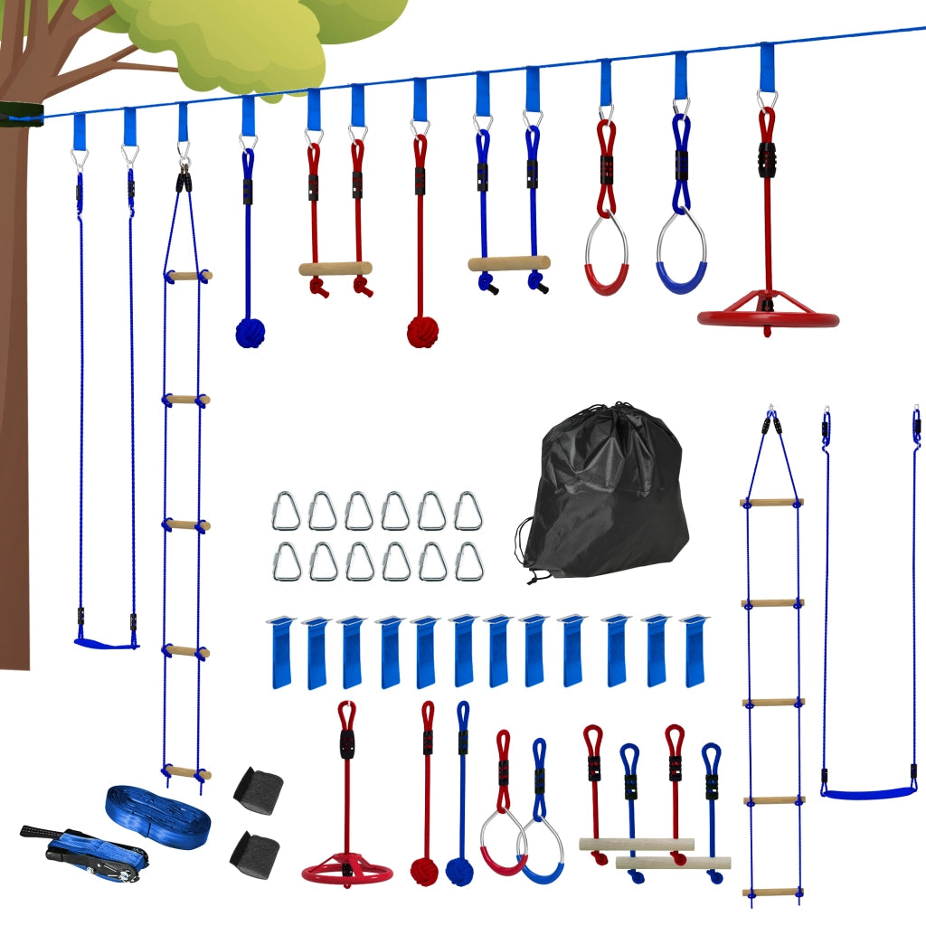 Percorso ostacoli ninja per bambini ¨C Xylo ¨C 10 accessori con slackline 10m e borsa, blu