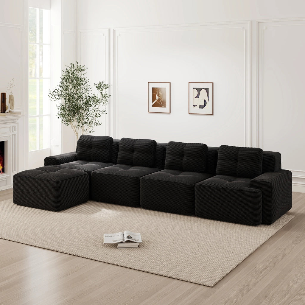 Divano Modulare Chaise Longue 4 Posti ¨C Xylo ¨C Velluto a Coste Nero