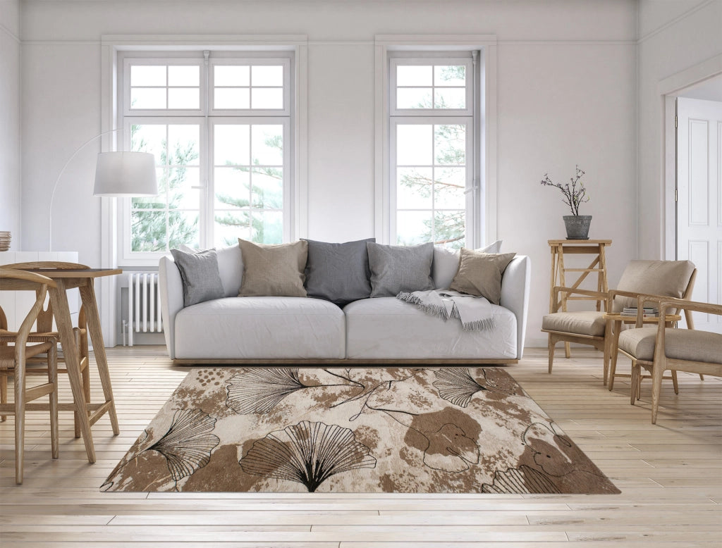 Tappeto Arredo Moderno Morbido in Ciniglia Ingresso Antiscivolo Prodotto Italiano  Soggiorno Camera Salotto Disegni Piazzati Cotone Varie Misure Grande Ginko/Fango - 175x280 cm