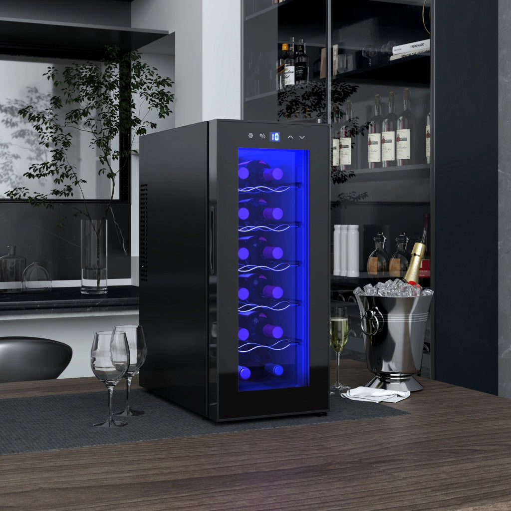 Cantinetta per 12 bottiglie, 30 litri, 8-18 ¡ãC, doppia cantinetta termoelettrica con sportello in vetro, refrigeratore per bevande con luce LED,