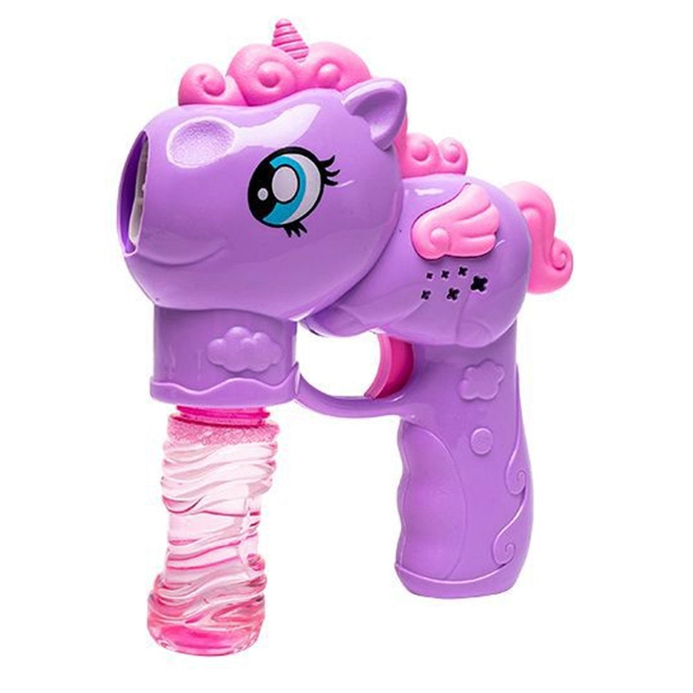 Trade Shop - Pistola Spara Bolle A Forma Di Pony Con 2 Flaconi Di Ricarica Da 50 Ml 3 Colori 6726065 -