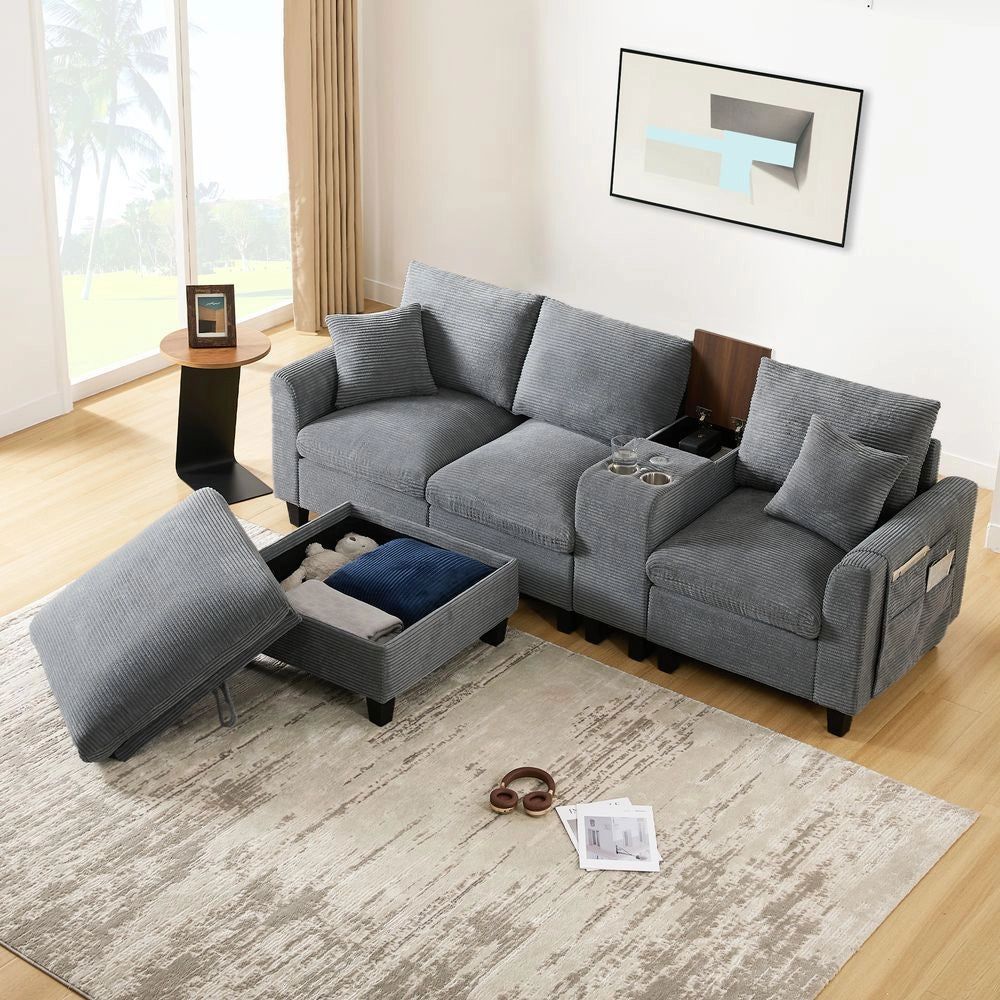 Divano angolare a L - Xylo - Velluto, console con USB, ripostiglio, grigio