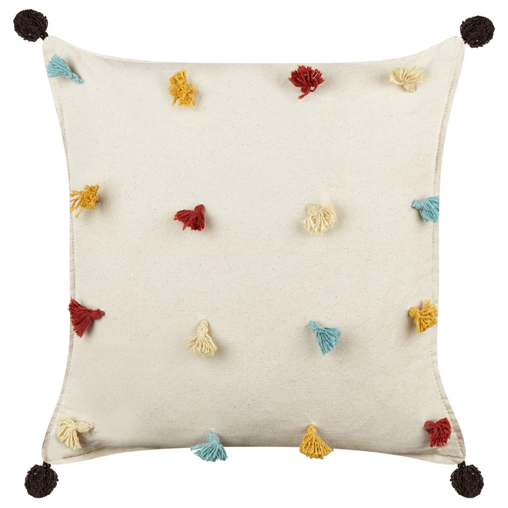 2 cuscini decorativi in cotone beige chiaro 45 x 45 cm con frange multicolori