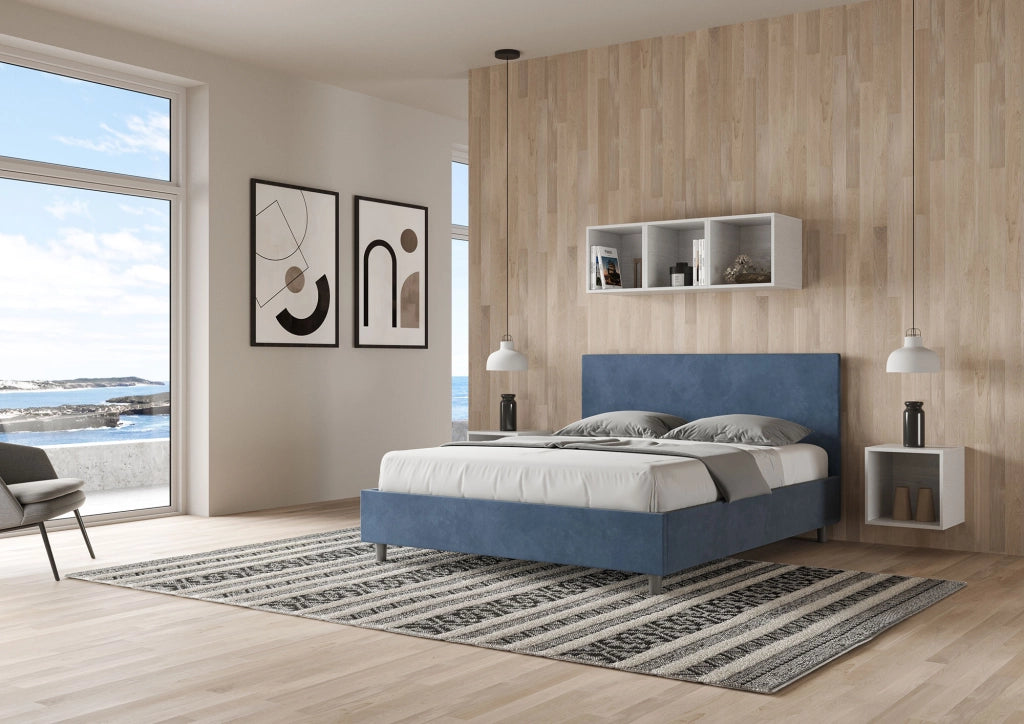 BS COM Letto queen size con rete imbottito 150x190 microfibra blu