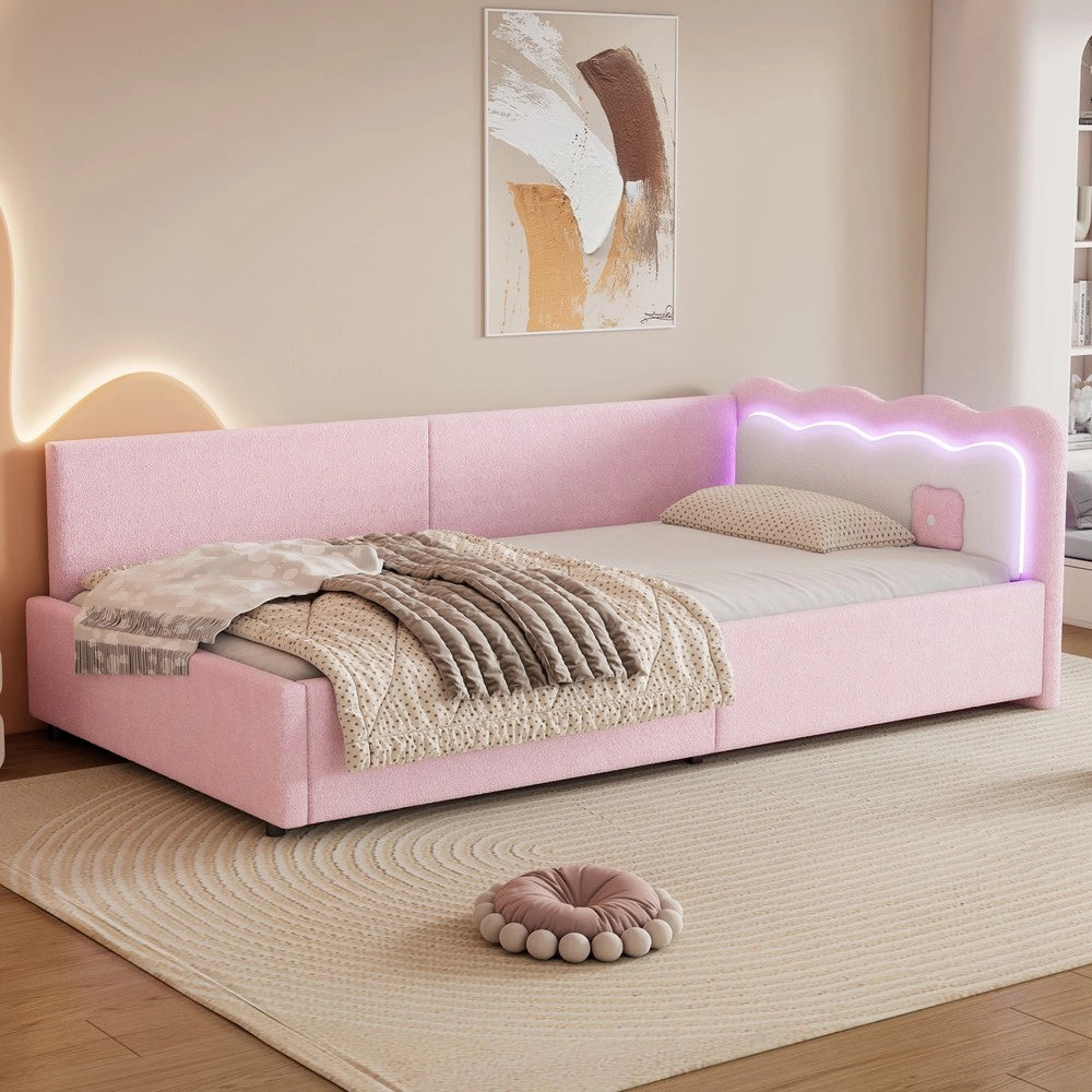 Letto Singolo con LED e Rete a Doghe ¨C MINIMAL ¨C Rosa, Tessuto, 90x200