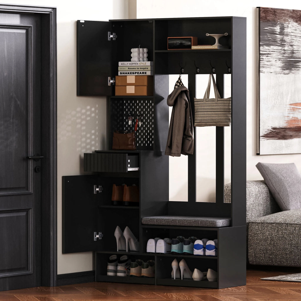 GARDEROBA DA INGRESSO con panca e 4 ganci 100x180x35 cm Nero