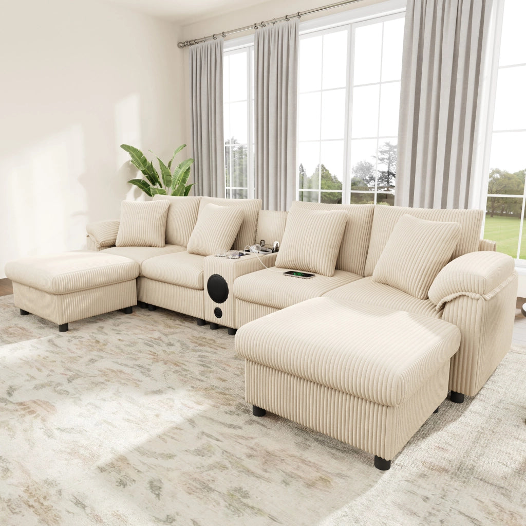 Divano modulare a U e L in velluto a coste beige 315;5 x 144 x 84;5 cm con console Bluetooth