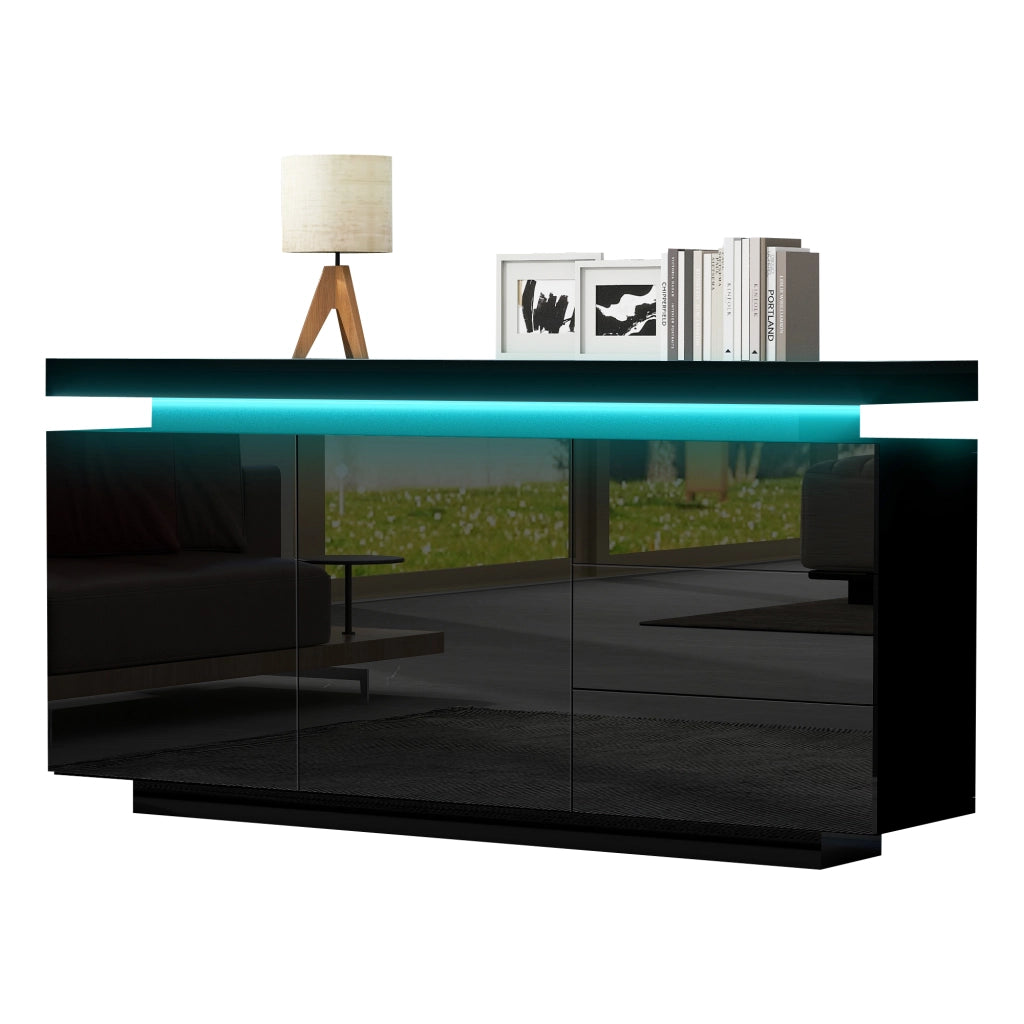 Credenza Moderna con LED ¨C Xylo ¨C Nero Lucido, 2 Ante, 3 Cassetti, 140x35x72.5