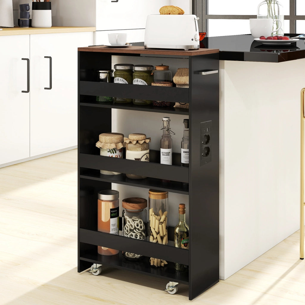 Carrello da cucina 4 ripiani con stazione di ricarica maniglia e parapetti-Scaffale stretto a sfilo con ruote bloccabili per cucina  Nero e noce 20cm