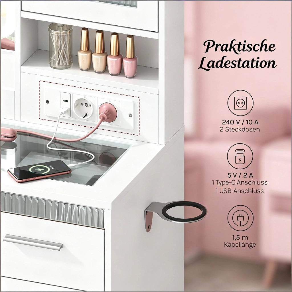 Toeletta con 9 cassetti; 2 armadi; luce LED e prese USB per camera da letto