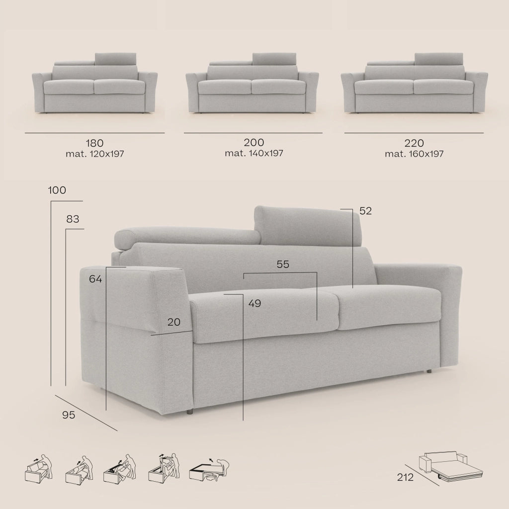 Avalon Divano letto con materasso H18 180 cm (mat. 120x197 cm) grigio