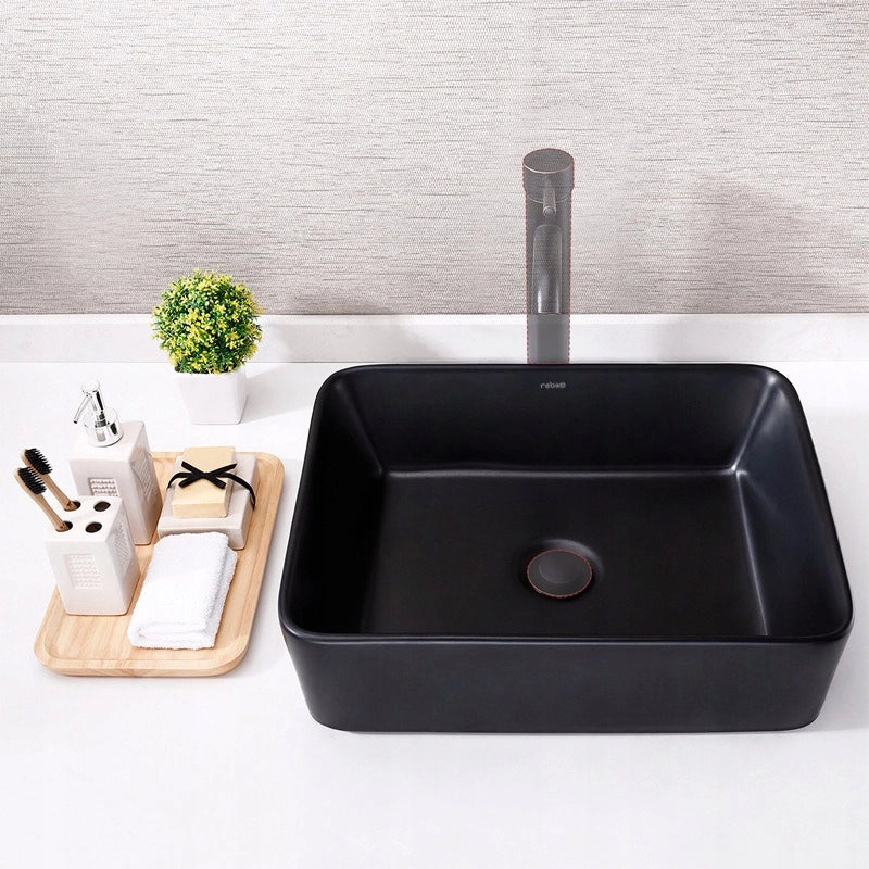 Lavabo da appoggio in ceramica nera opaca, da incasso, 48x36,5 cm, rettangolare
