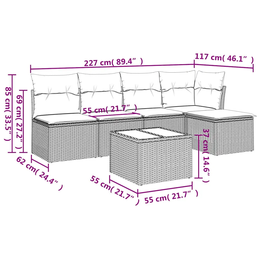 Set Divano da Giardino 6 pz | Set Salotto da Giardino con Cuscini Marrone in Polyrattan