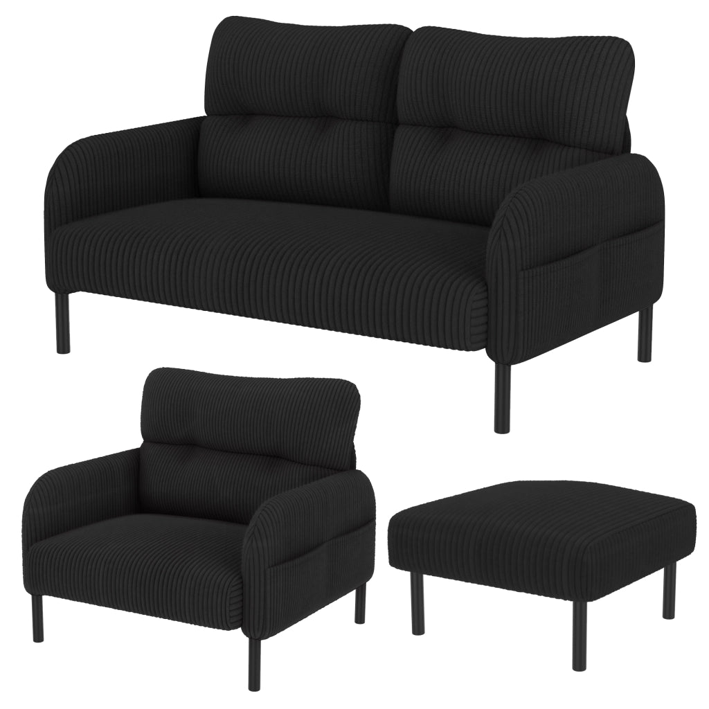 DIVANO Set 3 pezzi con poltrona e pouf 120x75x79 cm Cord nero