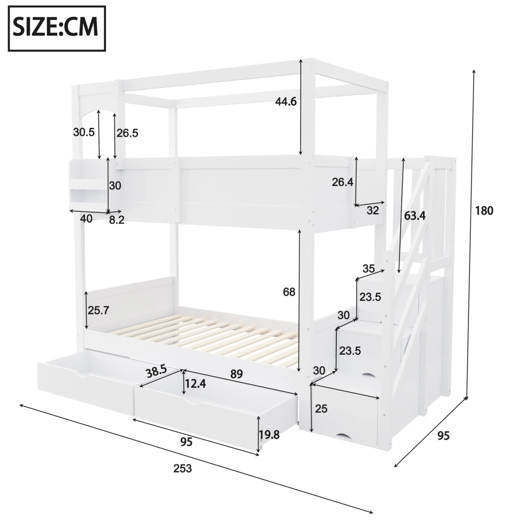 LETTO A CASTELLO 90x200 cm in legno bianco con scala contenitore e lavagna