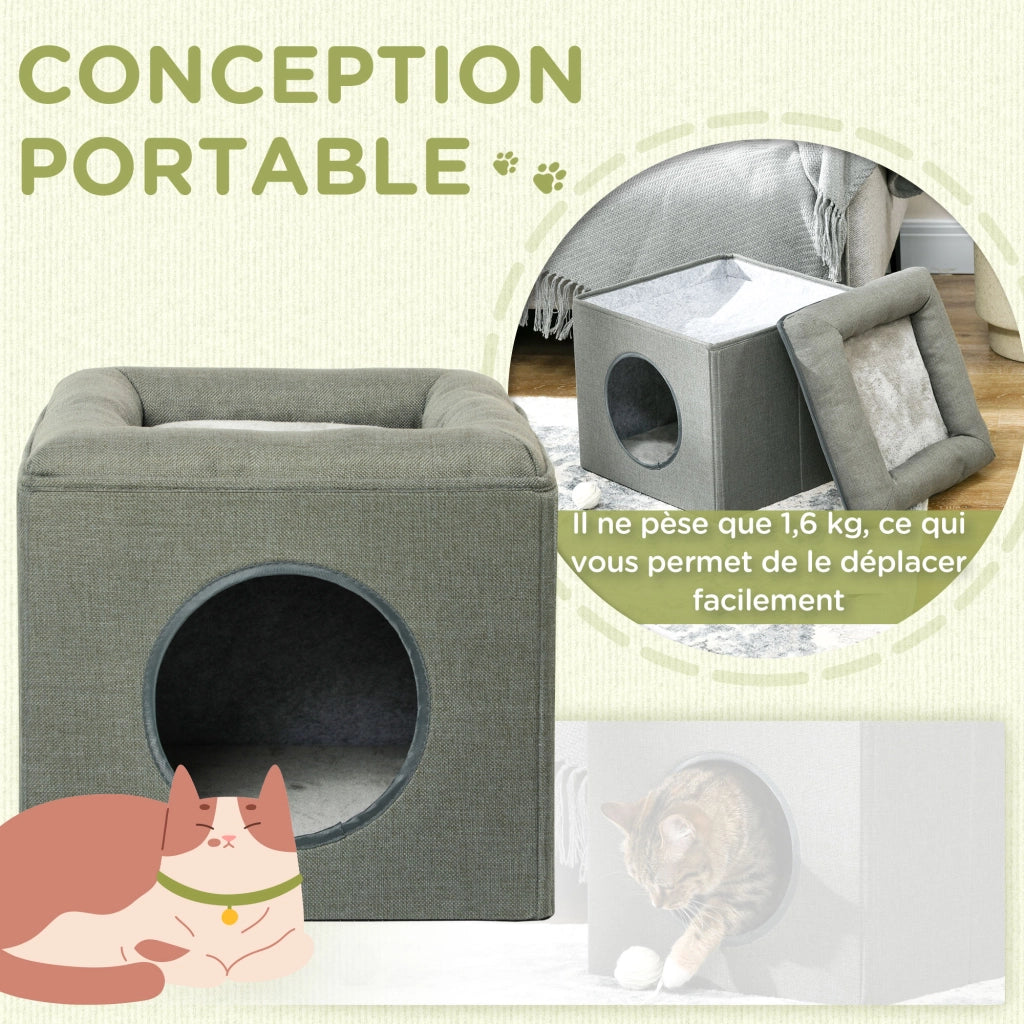 Casetta per gatto a 2 livelli con cuscino ¨C Minimal ¨C grigio 36.5x36.5x33 cm