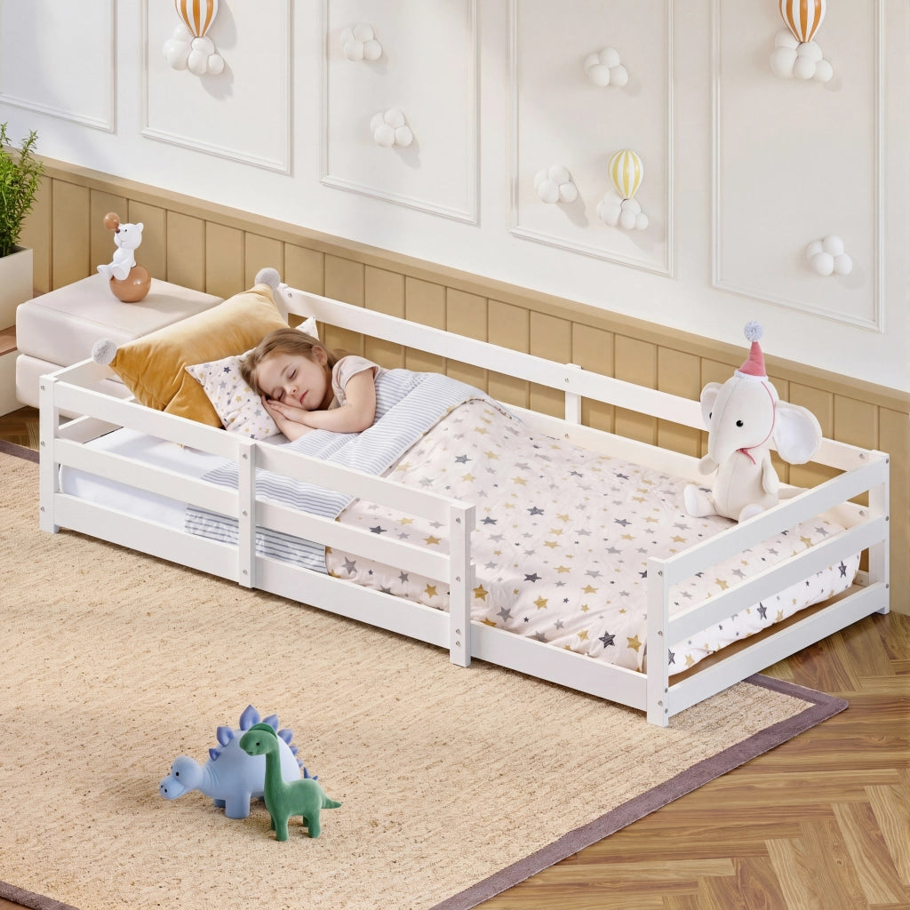 Letto Montessori terra ringhiere pino 90x200 bianco no box