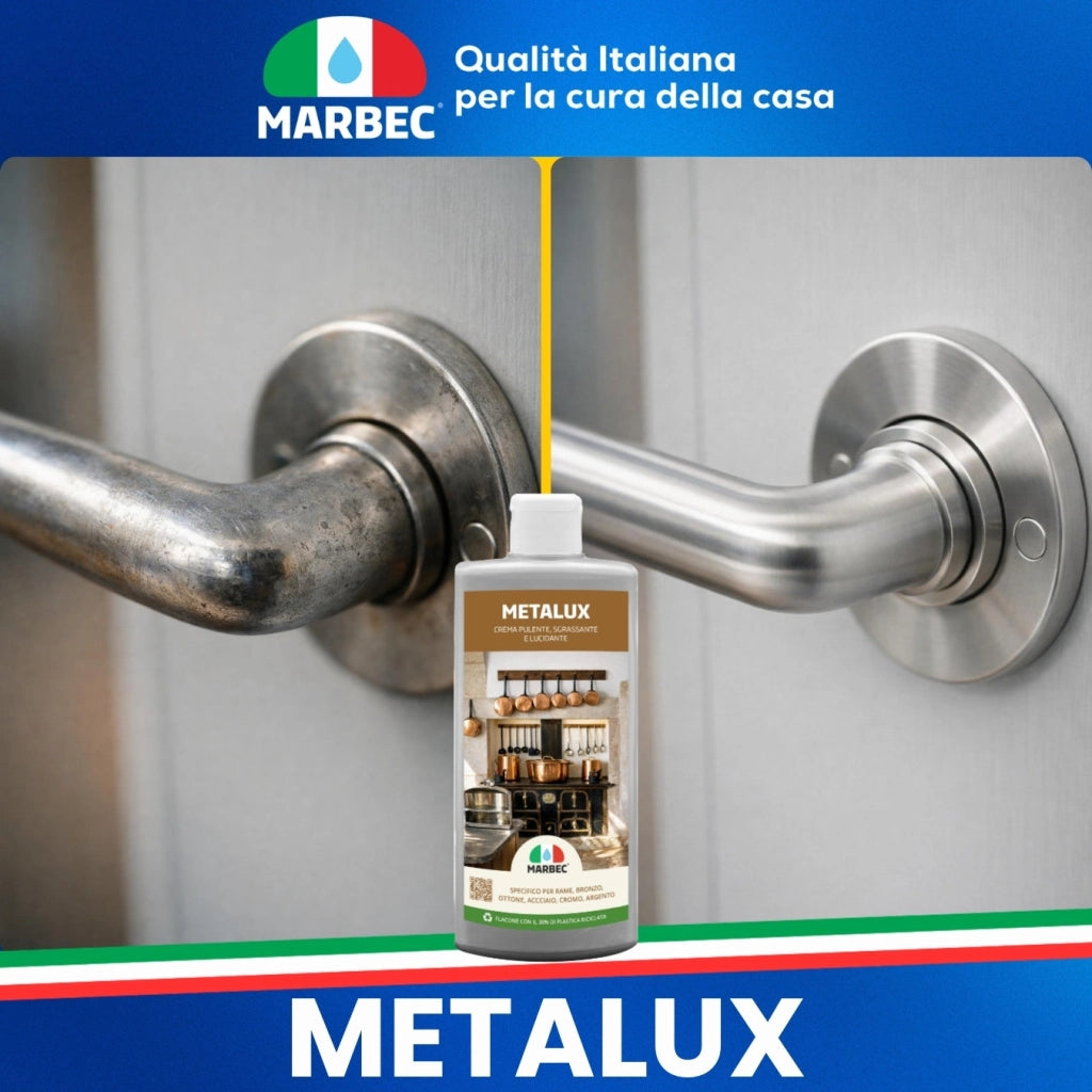 Crema lucidante metalli, pulizia e brillantezza in un solo gesto, ideale per rame e acciaio Marbec METALUX - 250GRx6Pz