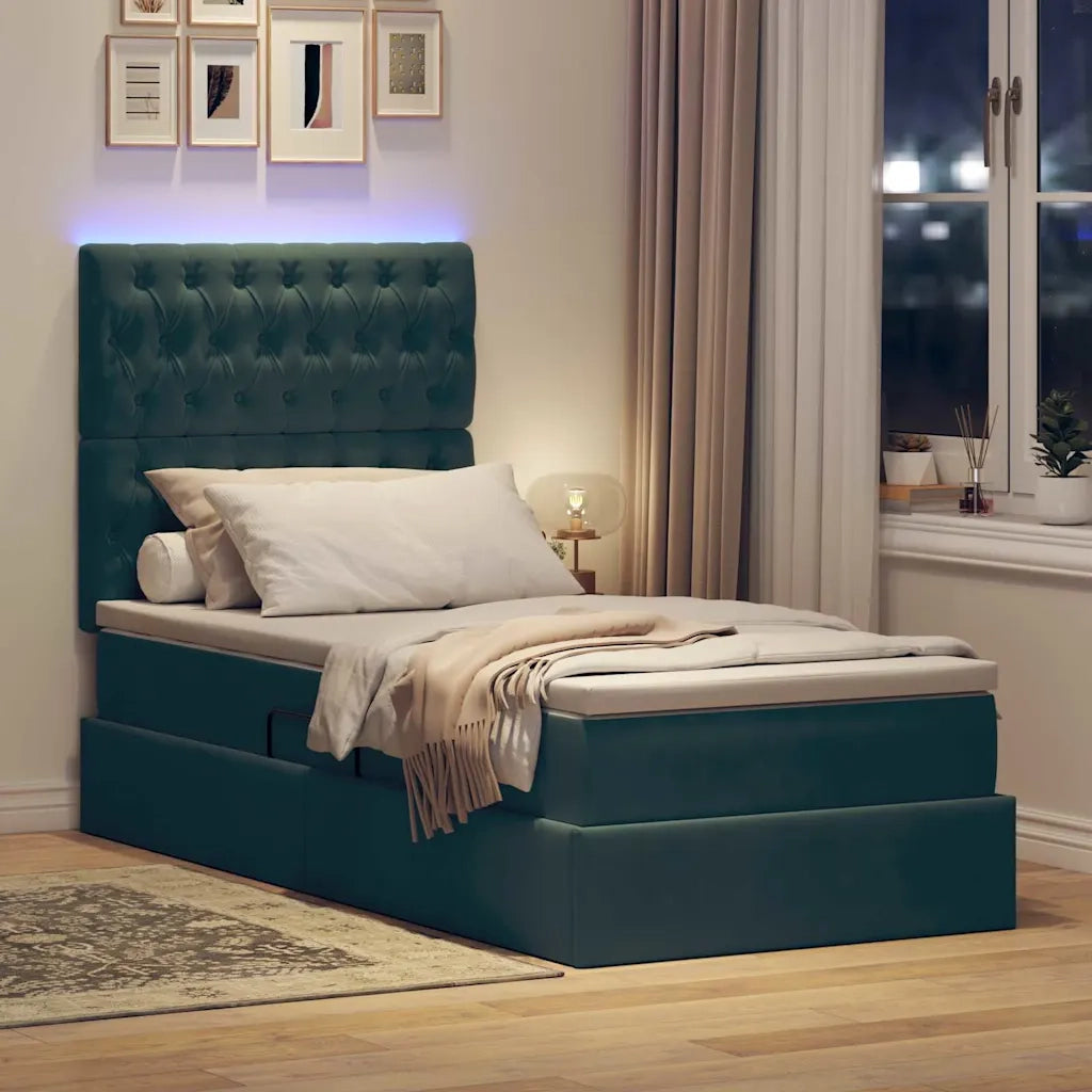 Letto con contenitore e LED Verde Scuro 100 x 200 cm Velluto
