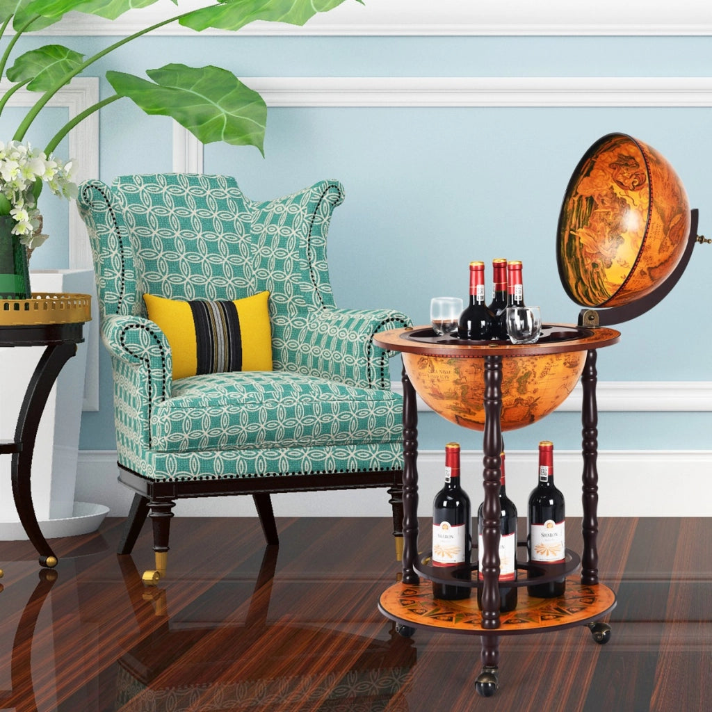 Supporto mappamondo porta vini girevole per casa e bar, Porta vino per liquori e bicchieri a stelo 47x47x90cm-Mobili porta liquori