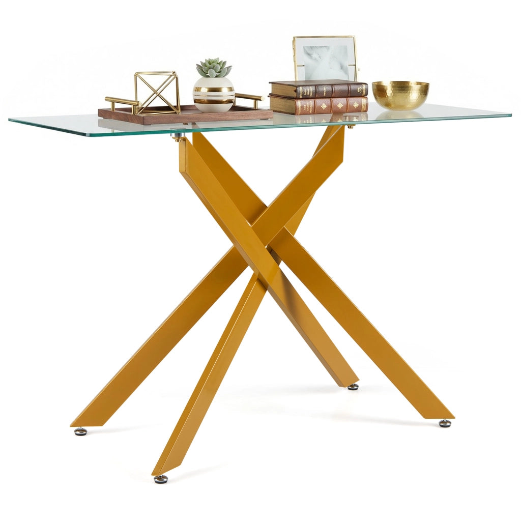 Tavolino consolle in vetro piano temperato trasparente gambe tubolari metalliche, Tavolo moderno 115 cm divano soggiorno corridoio ingresso Oro