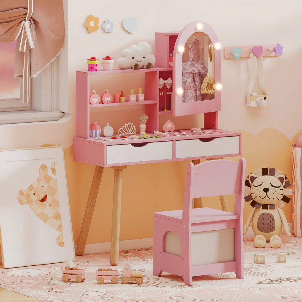Set tavolo da toeletta per bambini da trucco con 3 modalit¨¤ di illuminazione colorata, Tavolo specchio con armadietto Rosa-Toelette per bimbi