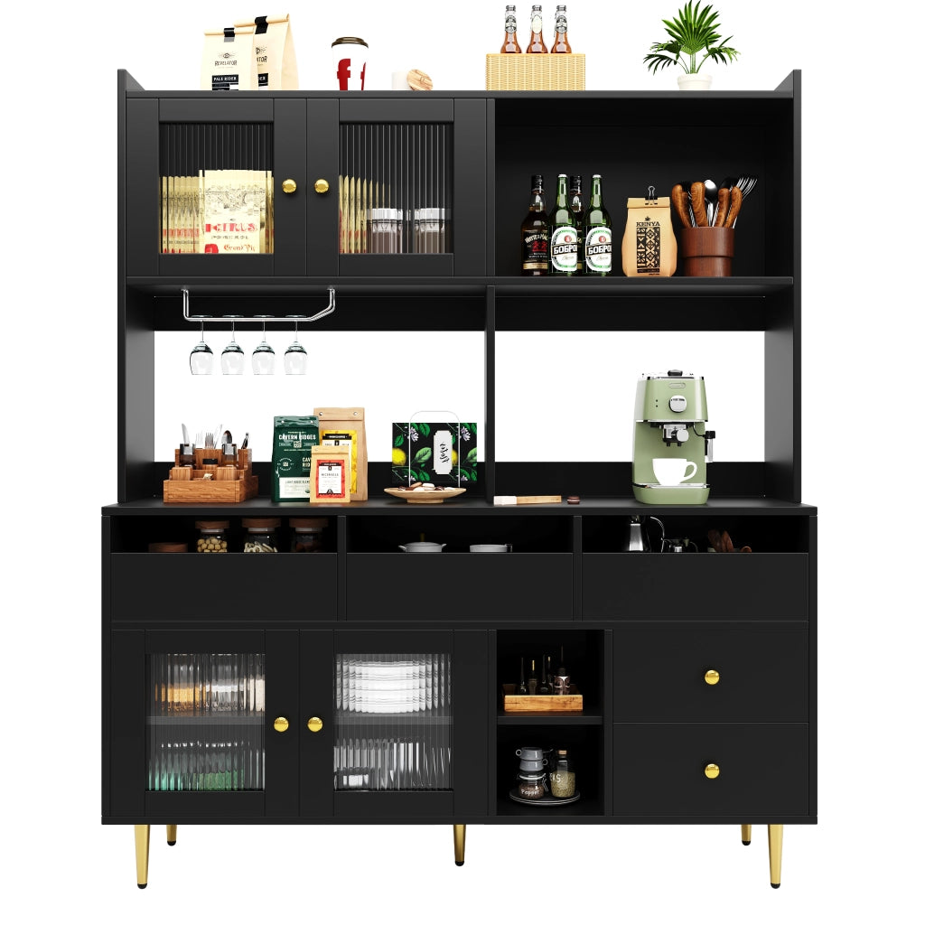 Mobile Alto da Pranzo ¨C Xylo ¨C Nero con Decoro Oro, Ante in Vetro, Porta Calici, 145x39x171