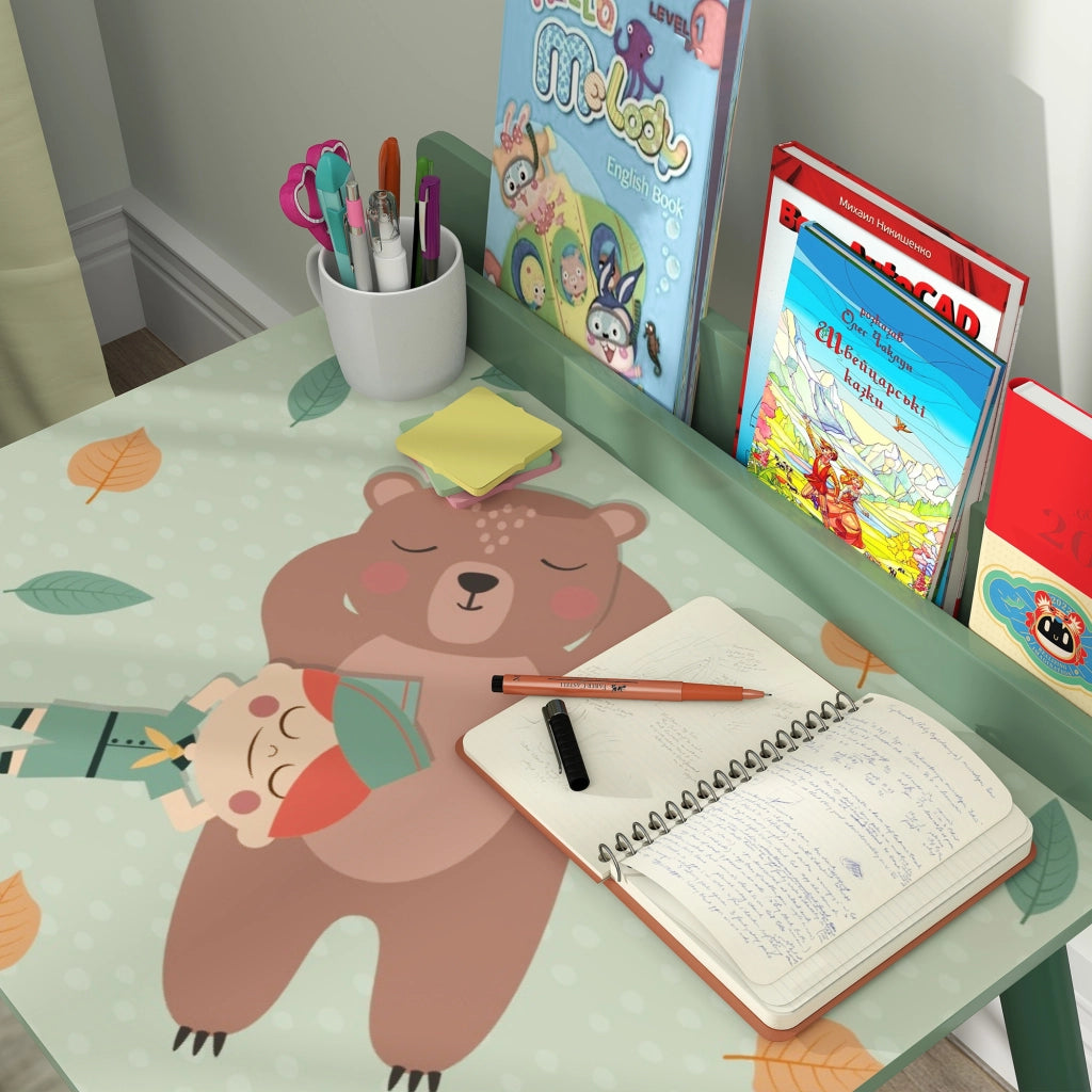 Set Tavolo e Sedia Bambini con Libreria ¨C Xylo ¨C Legno Verde per Cameretta +3 Anni