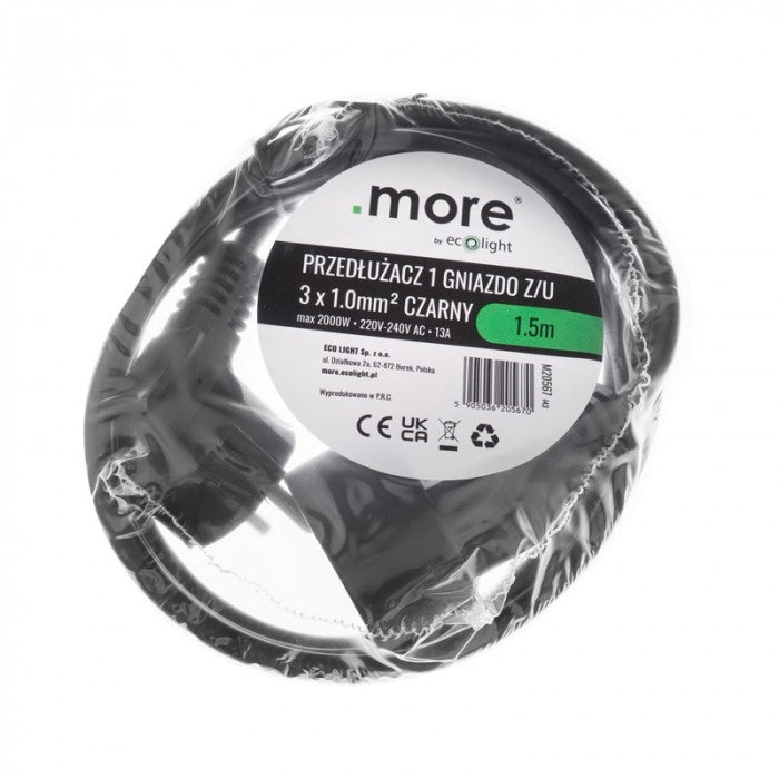 Prolunga elettrica 1 presa 1,5 m con terra nera Ecolight