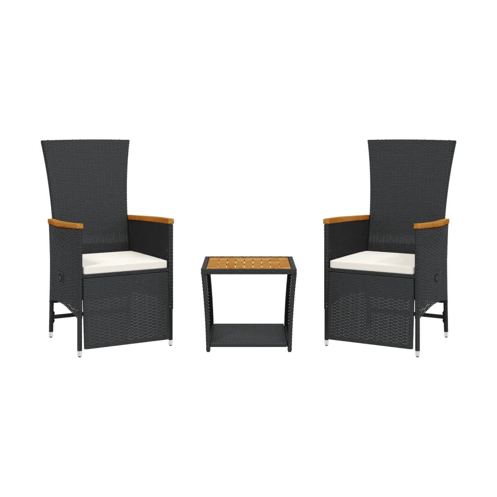Set da Pranzo da Giardino 3 pz con Cuscini Nero in Polyrattan