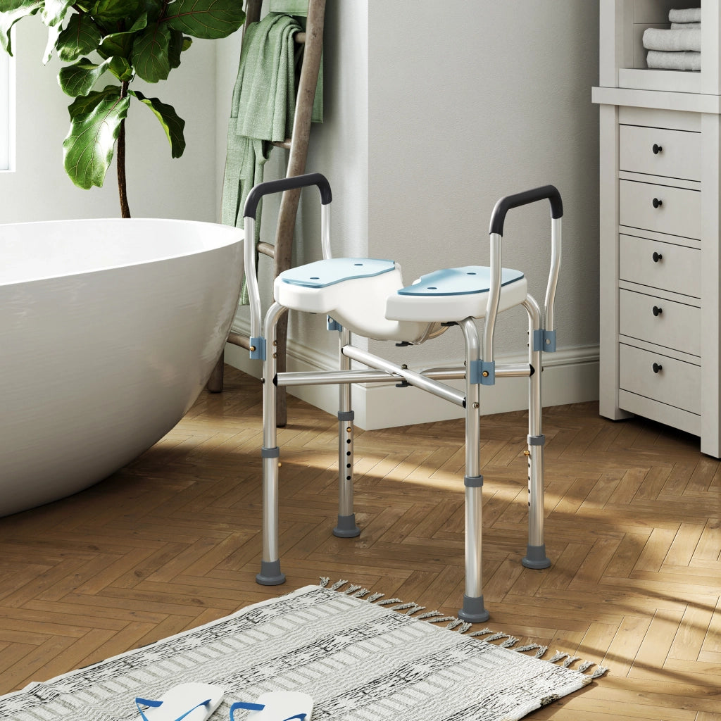 Sgabello da Doccia con Seduta Scanalata e Braccioli ¨C Minimal ¨C Altezza Regolabile, Azzurro