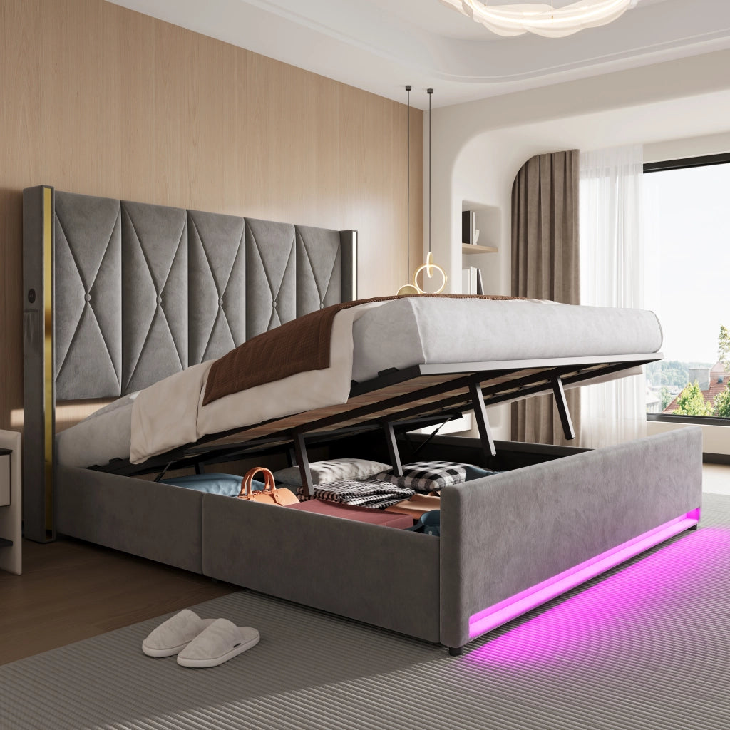 LETTO imbottito 180x200 cm in velluto grigio scuro con testiera alta e LED