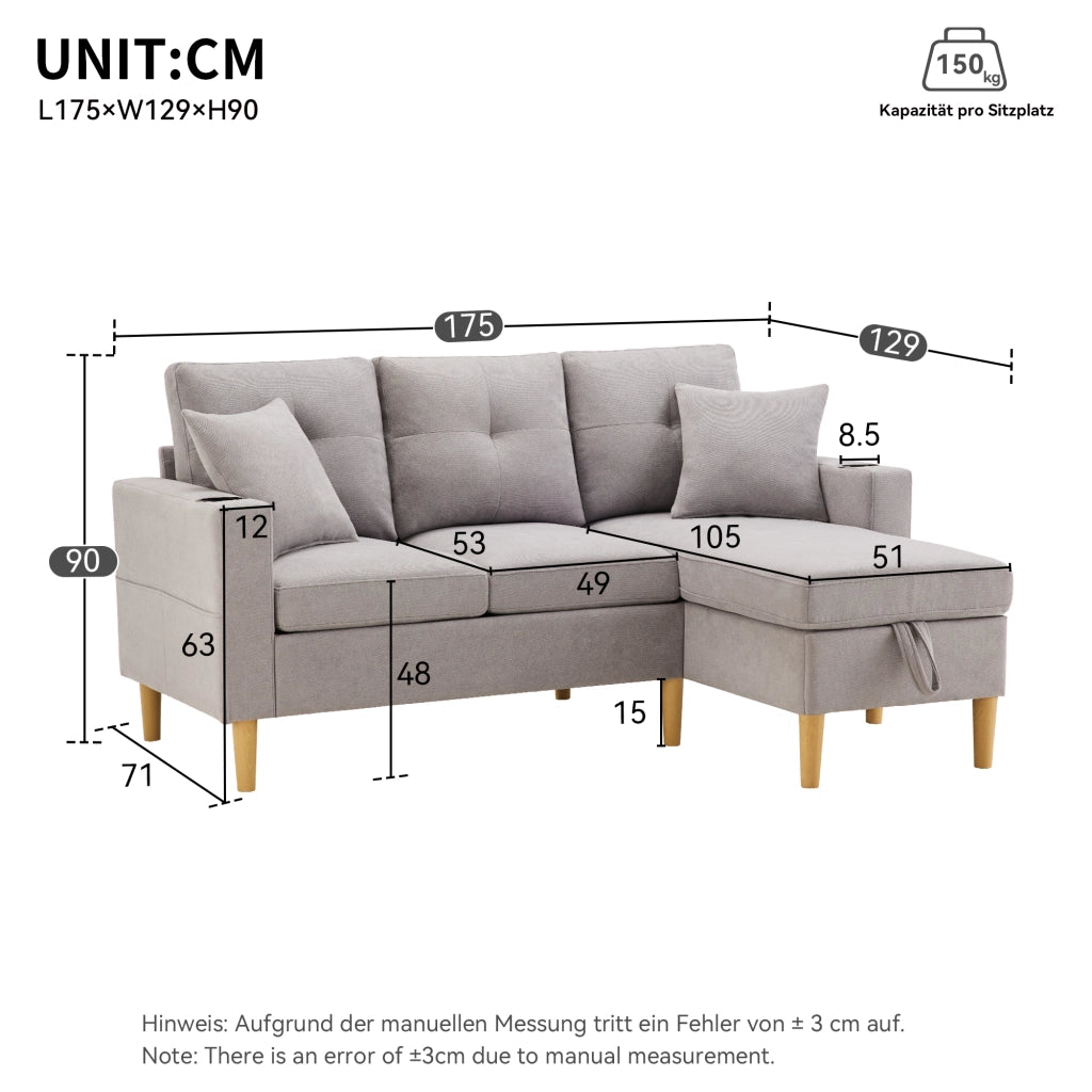 Divano Chaise Longue a L 3 Posti con Contenitore; Portabicchieri e 2 Cuscini; in Cotone e Lino; Grigio Chiaro