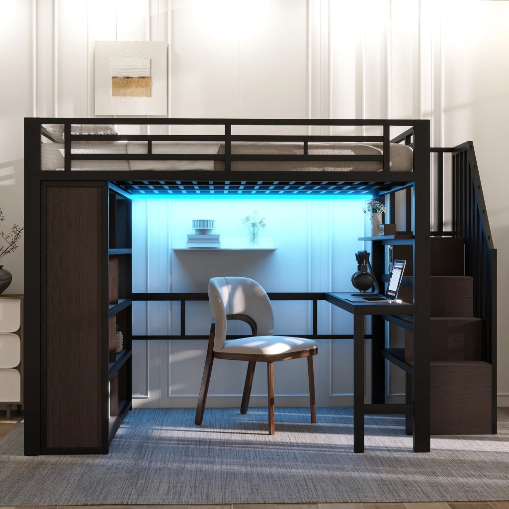 Letto a Soppalco con Scrivania e LED ¨C MINIMAL ¨C Metallo Nero 140x200