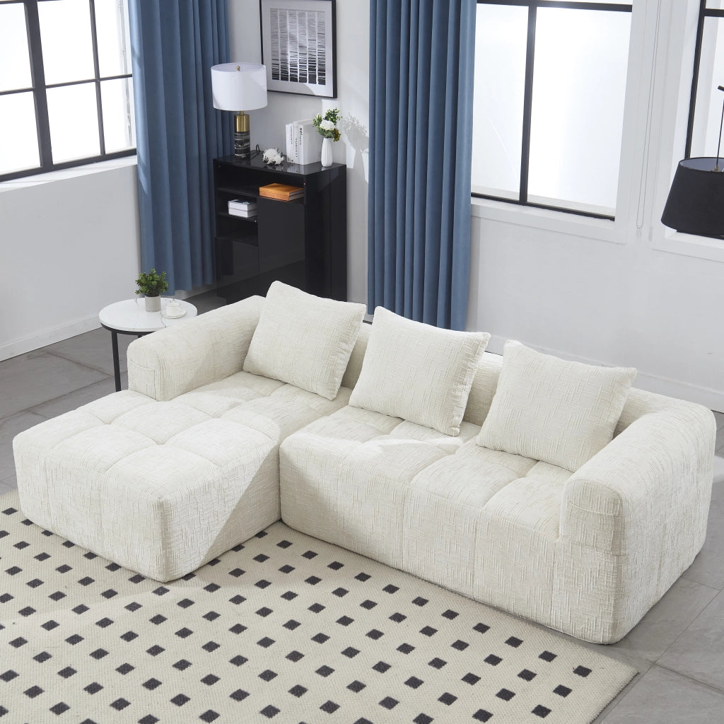 Divano Angolare 3 Posti con Chaise Longue ¨C MINIMAL ¨C Chenille Beige, Cuscini, Braccioli