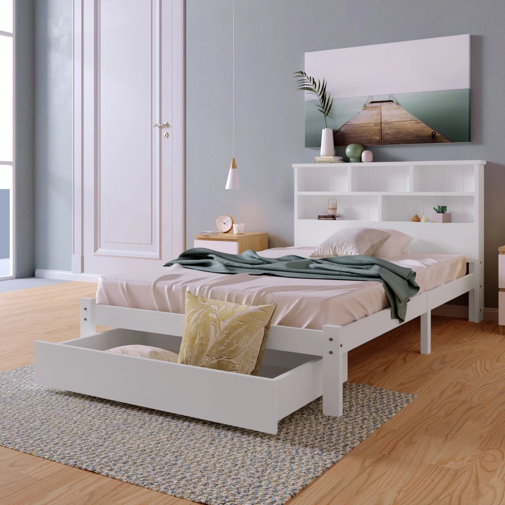 LETTO singolo 90x200 cm con cassetti e testiera libreria bianco