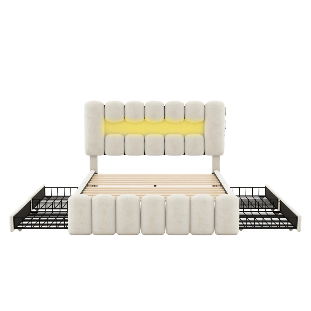 Letto Imbottito con Cassetti e LED ¨C MINIMAL ¨C Velluto Beige 160x200