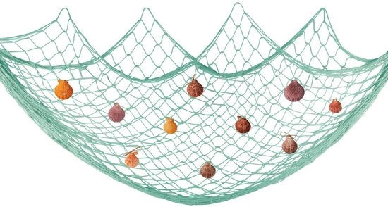 Rete decorativo nautico 200x150cm - Blu chiaro - Manufatto a mano in cotone - Materiale ecologico - Decorazione con conchiglie - Thema nautico