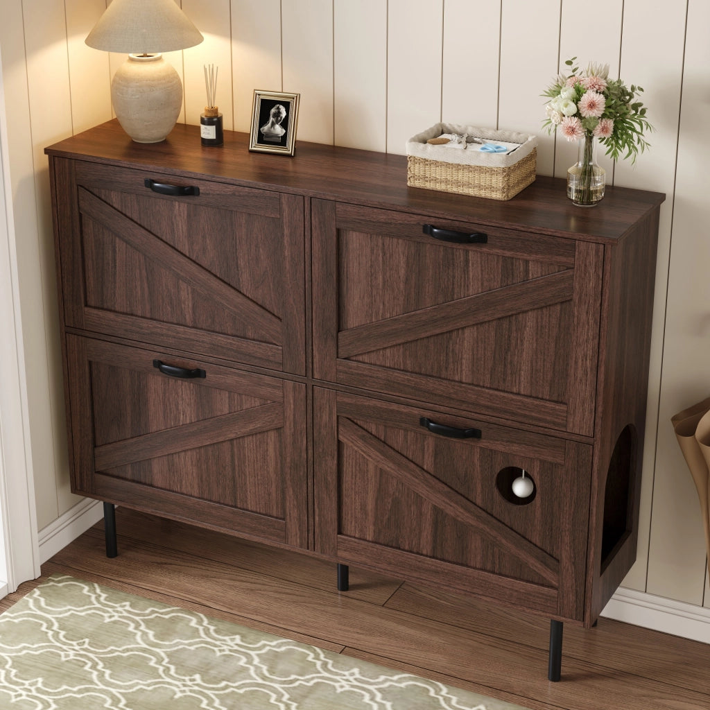 OKWISH Scarpiera con 4 Ante e 3 Ribalte, Gioco Integrato per Gatto, per Ingresso, Noce Naturale 120 x 28 x 92 cm