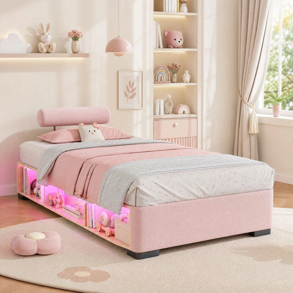 LETTO imbottito Rosa 90x200 cm in velluto con ripiano laterale LED