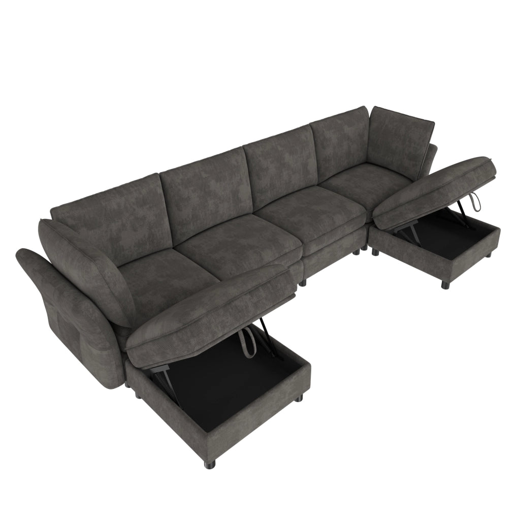 Divano angolare modulare a U 6-7 posti con contenitore e 2 pouf, in ciniglia grigio