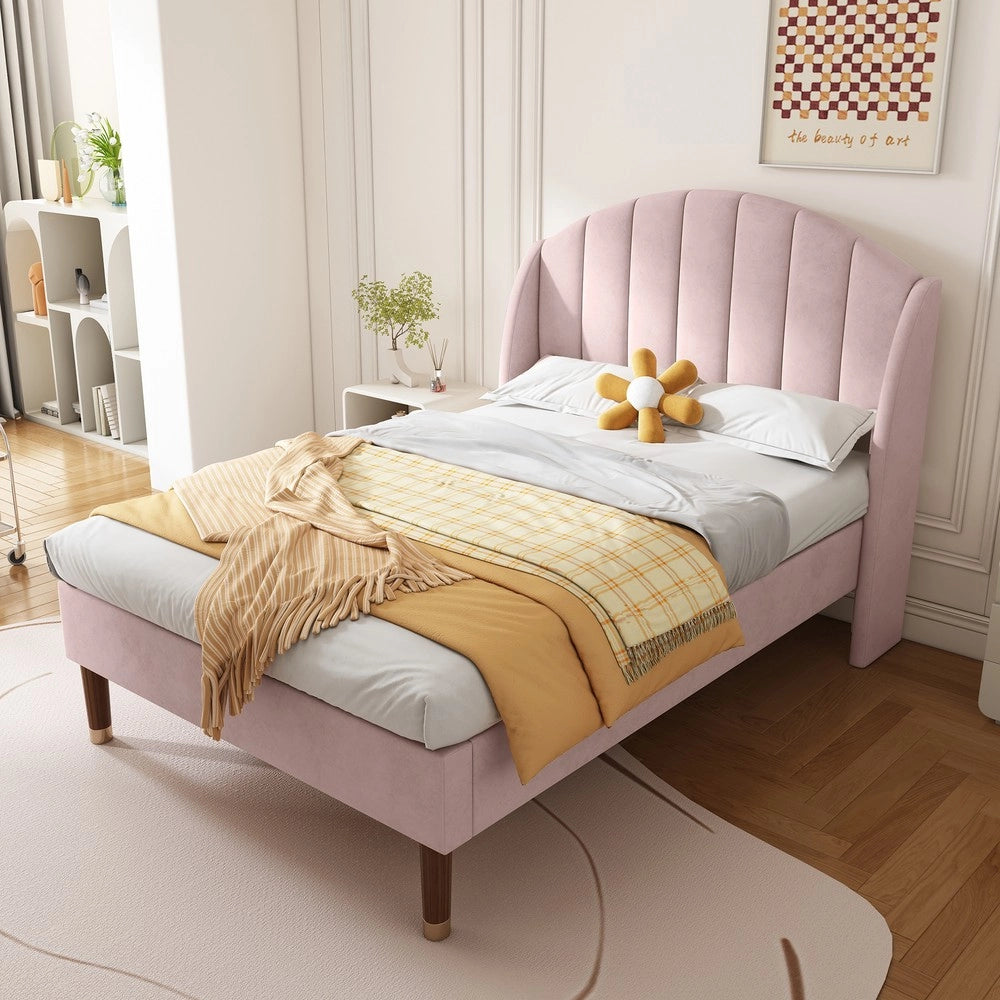 Letto Singolo Imbottito con Rete a Doghe e Testiera ¨C MINIMAL ¨C Velluto Rosa 90x200