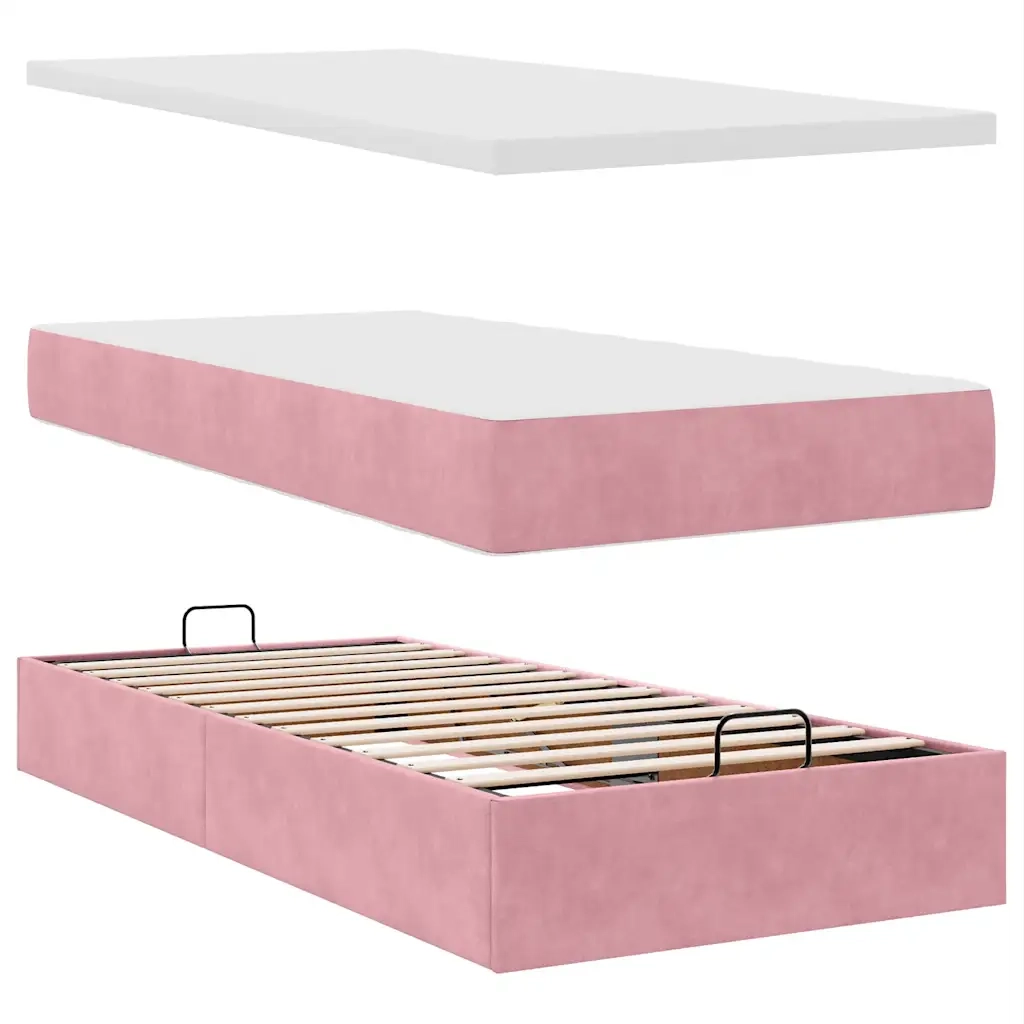 Struttura Letto Pouf con Materasso Rosa 90x190 cm in Velluto