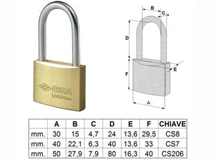 LUCCHETTO LOGO OTTONE ARCO LUNGO 21011- - mm.50 (art.21011500) - 6 pezzi CISA