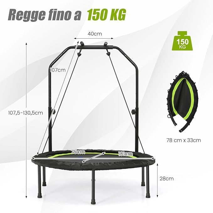Mini Trampolino Pieghevole 101cm, Trampolino Fitness per Adulti e Bambini,con Maniglia Altezza Regolabile, Capacità di Carico 150 kg